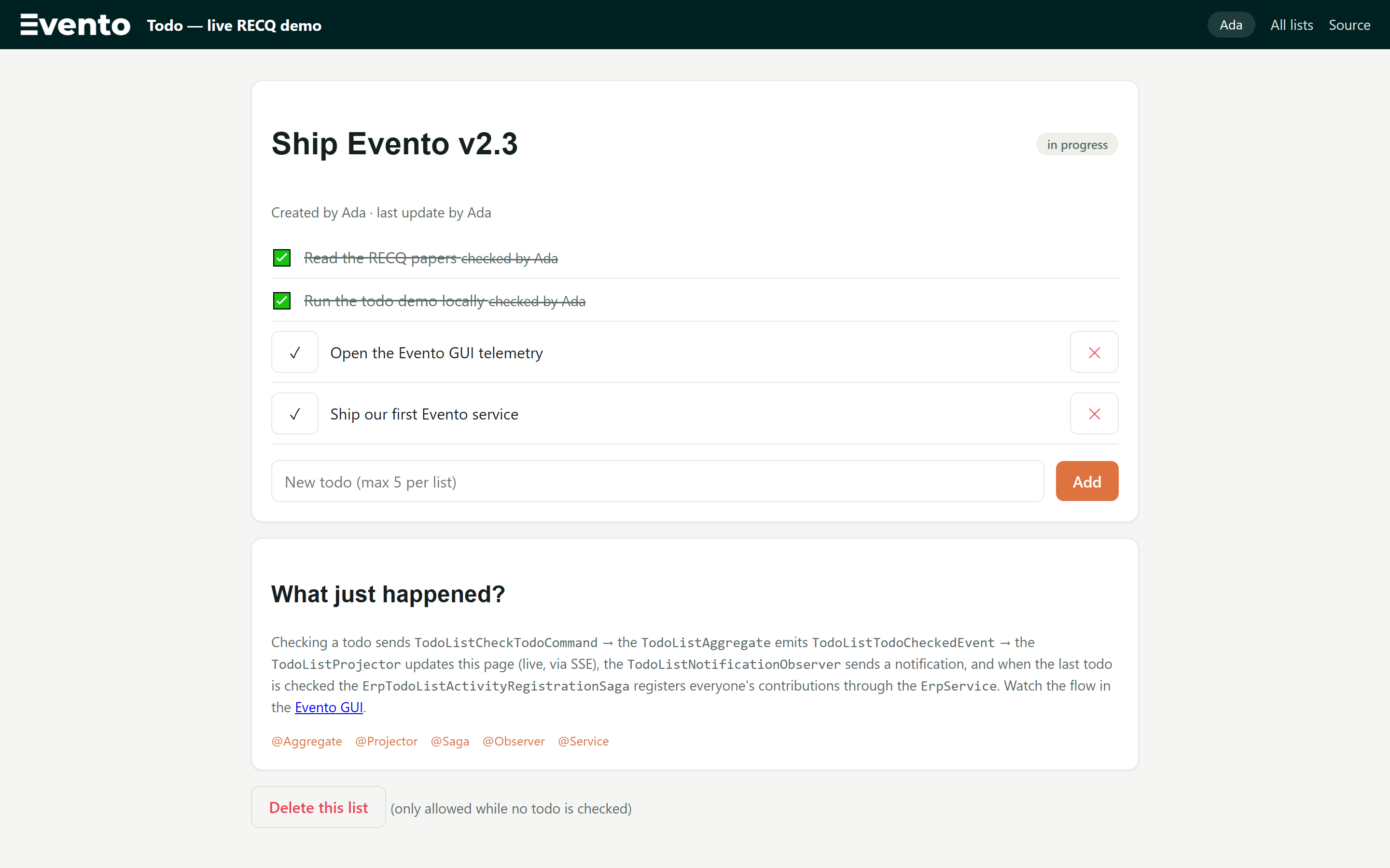 The live todo demo — a populated list with checked todos, running on demo.eventoframework.com